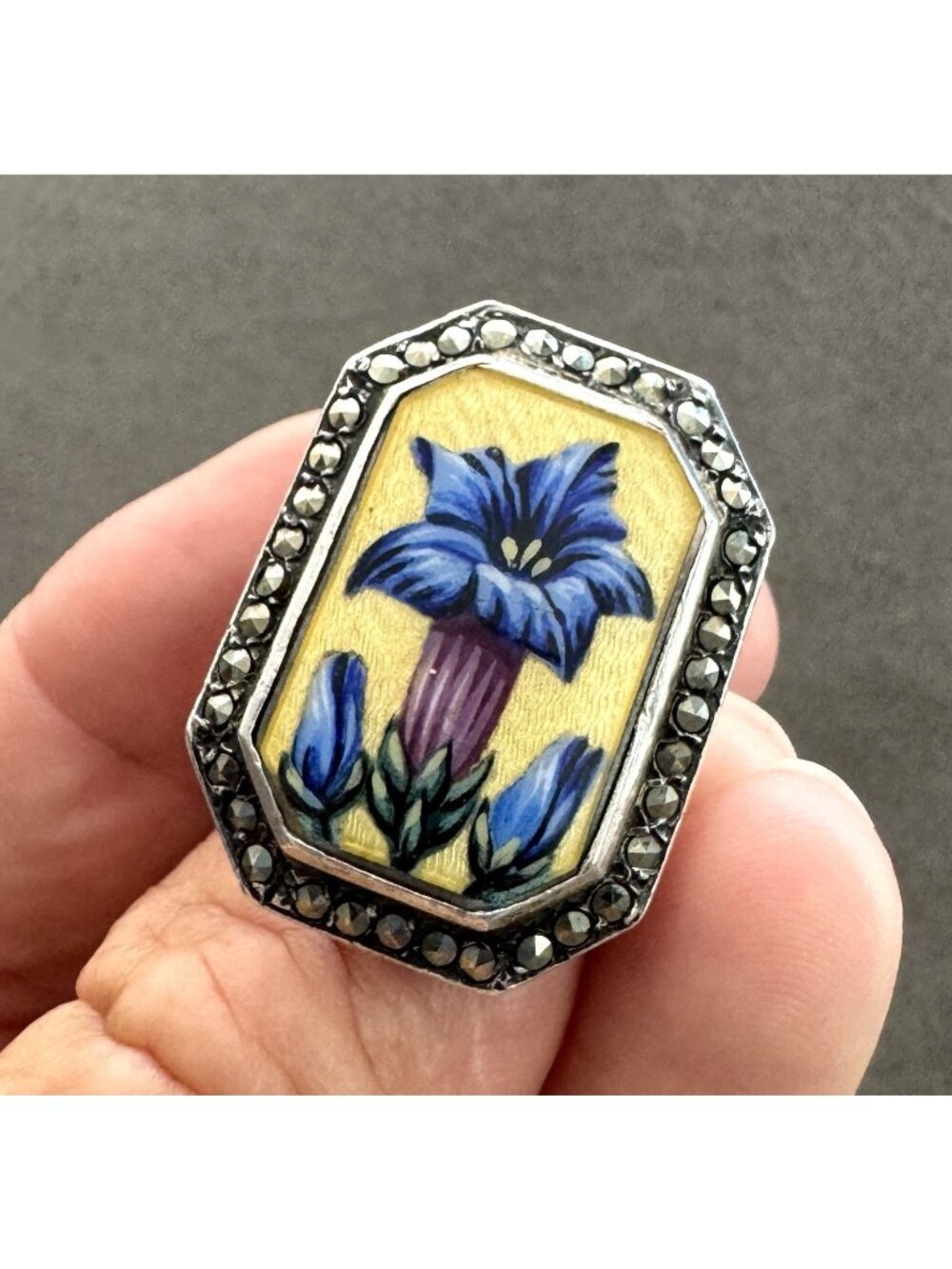 Vtg GUILLOCHE ENAMEL Trumpet FLOWERS Marcasites STERLING Silver RING Size 5.5